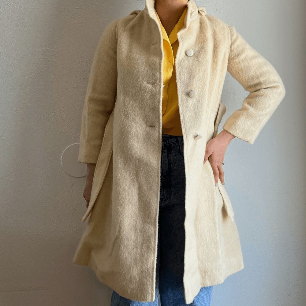 vtg 60s beige wool coat XXS girls 14/16 swing car coat hood made in Italy belted - Picture 2 of 12